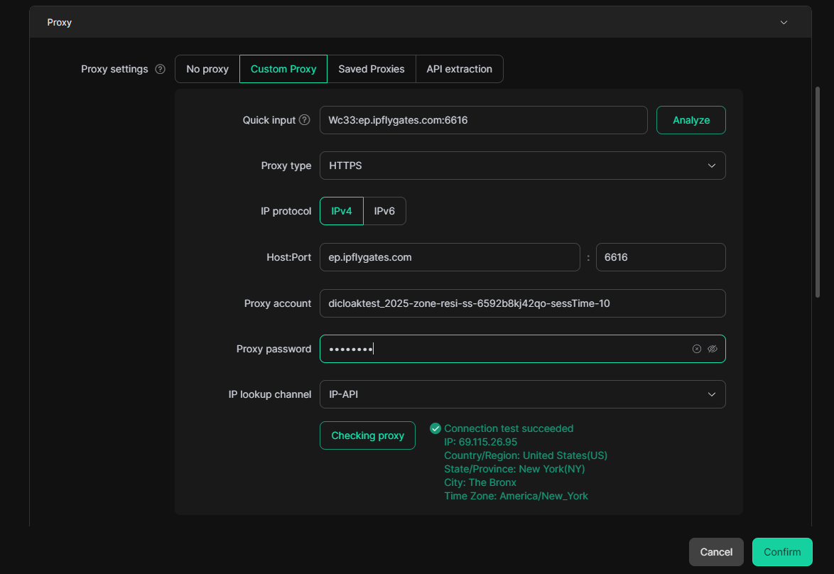 DICloak BrowserStep 4: Configure Your Proxy Information and Check the Proxy Connection