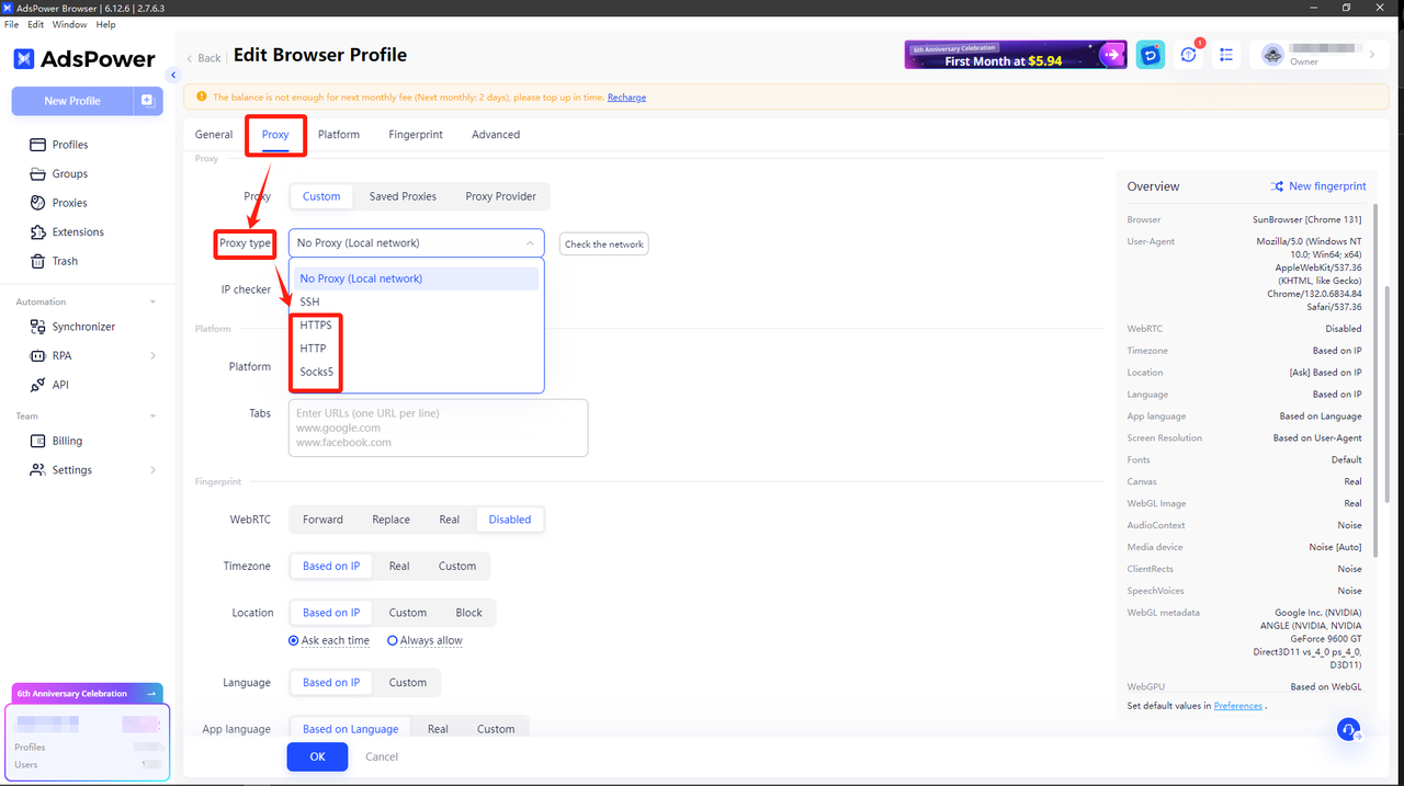 AdsPower BrowserStep 4: Configure proxy parameters for proxy information
