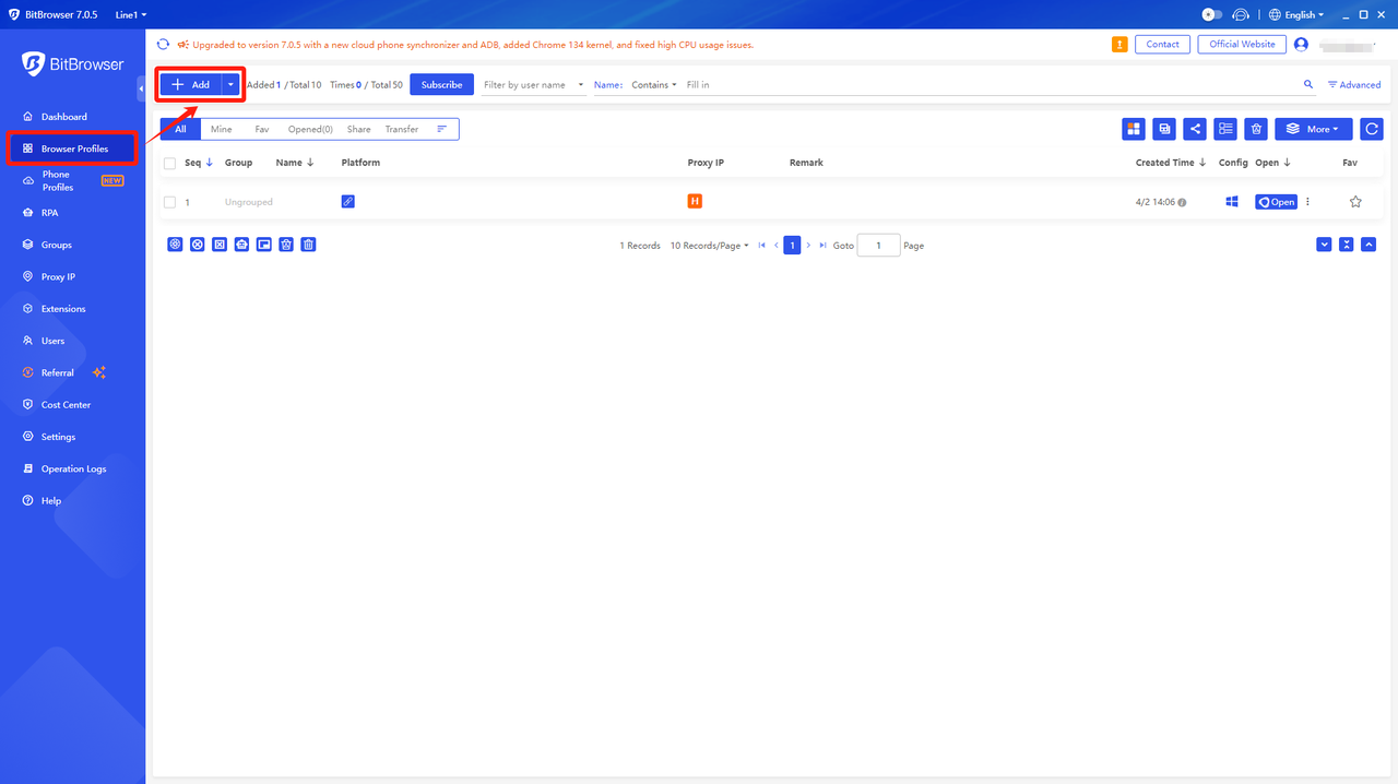 BitBrowser指紋瀏覽器步驟三:創建指紋流覽器窗口